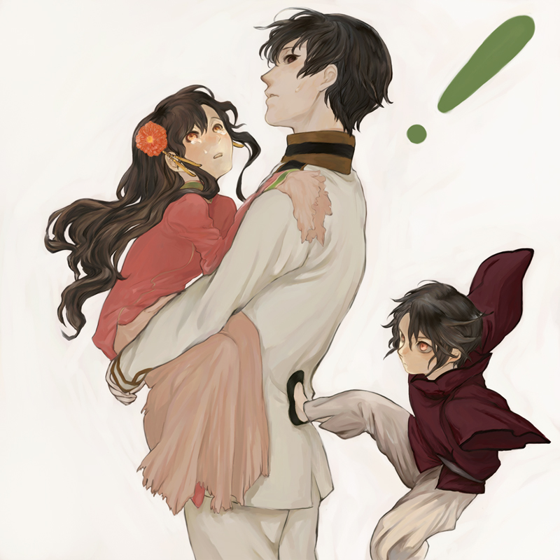 axis_powers_hetalia bad_id black_hair brown_eyes brown_hair carrying changpao child chinese_clothes flower flying_kick hair_flower hair_ornament hong_kong_(hetalia) japan_(hetalia) jumping kick kicking kusumori_shiba long_hair military military_uniform realistic simple_background sleeves_past_wrists sweatdrop taiwan_(hetalia) tears uniform yellow_eyes young