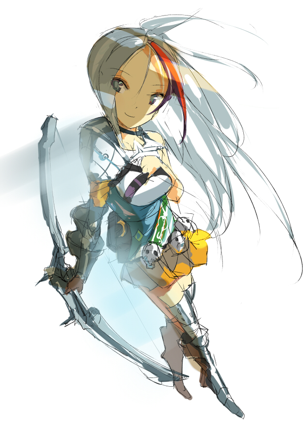 bow_(weapon) grey_eyes momi sketch skirt solo weapon white_hair