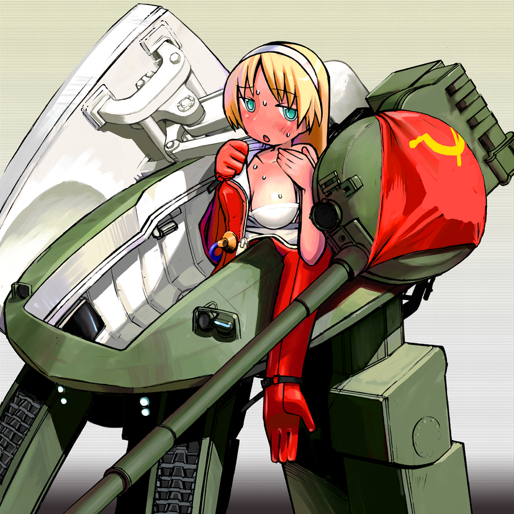 bra breasts hairband lingerie mecha_musume military military_vehicle nijiiro_ink obiekt_279 soviet sweat tank underwear vehicle