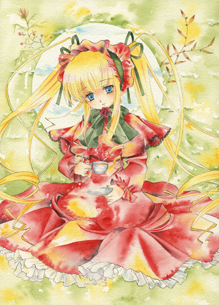 blue_eyes chinako cup dress hair_ribbon hairband nib_pen_(medium) ribbon rozen_maiden saucer shinku solo teacup traditional_media twintails watercolor_(medium)