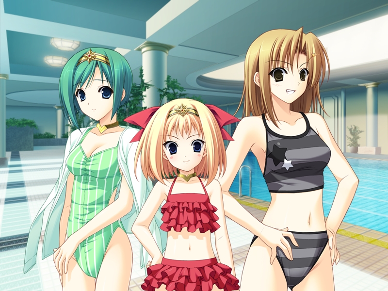 age_difference akashizawa_miru bangs bikini bikini_skirt blonde_hair blue_eyes blush bow brown_eyes brown_hair casual_one-piece_swimsuit child choker circlet flat_chest frilled_bikini frills game_cg green_hair grey_eyes grin hair_bow hair_ornament hairclip hand_on_hip hands_on_hips heart hokuto_(stellar_theater) indoors jacket jewelry kanou_(stellar_theater) lineup looking_at_viewer multiple_girls navel one-piece_swimsuit open_clothes open_jacket parted_bangs pool poolside short_hair smile standing star stellar_theater striped striped_bikini striped_swimsuit suzuhira_hiro swimsuit swimsuit_under_clothes tankini water