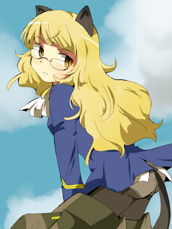 ass blonde_hair cat_ears cat_tail glasses kiko_(strategist) long_hair looking_back panties panties_under_pantyhose pantyhose perrine_h_clostermann solo strike_witches striker_unit striker_units tail underwear uniform yellow_eyes