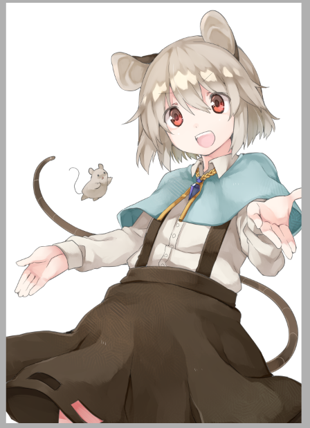 1girl adapted_costume akagashi_hagane animal animal_ears capelet grey_hair jewelry long_sleeves looking_at_viewer mouse mouse_ears mouse_tail nazrin necklace open_mouth red_eyes shirt short_hair simple_background skirt smile solo tail touhou vest white_background