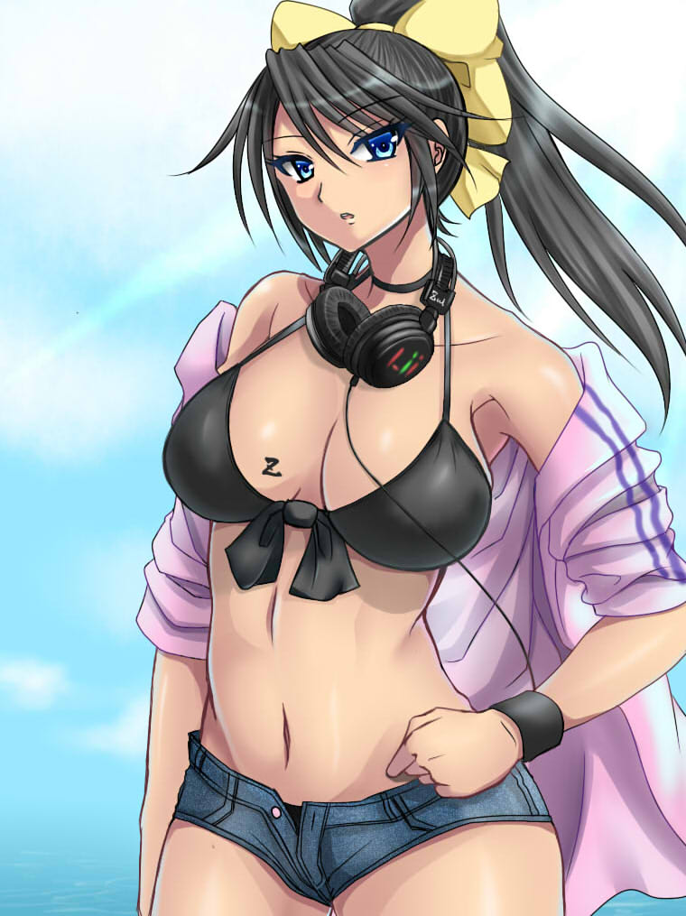 1girl alice360 bikini black_hair blue_eyes denim denim_shorts headphones long_hair original ponytail shorts solo swimsuit