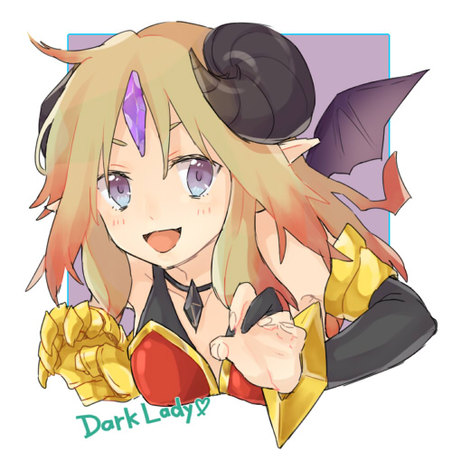 1girl :d ahoge armlet bare_shoulders bat_wings biscuit_x blonde_hair blue_eyes blush bracer character_name collarbone demon_girl demon_horns forehead_jewel gauntlets heart horns leaning leaning_forward looking_at_viewer lowres multicolored_eyes open_mouth pointy_ears puzzle_&amp;_dragons smile solo text violet_eyes wicked_lady_(p&amp;d) wings