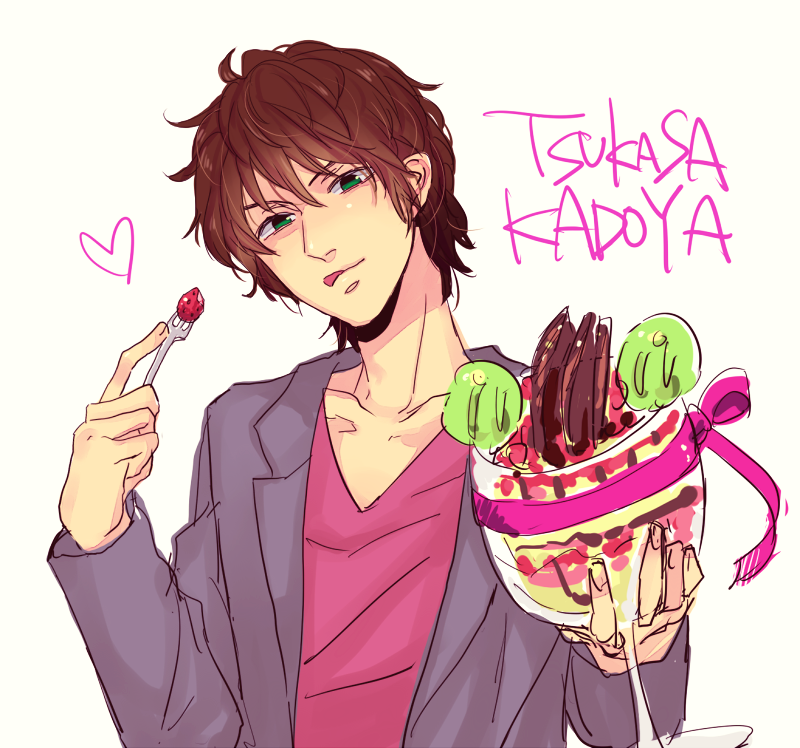 1boy apple brown_hair character_name chocolate dessert food fork fruit glasses green_eyes heart holding holding_fork holding_glasses jacket kadoya_tsukasa kamen_rider kamen_rider_dcd kamen_rider_decade looking_at_viewer male ribbon short_hair siu_(end0004123) solo strawberry tongue tongue_out