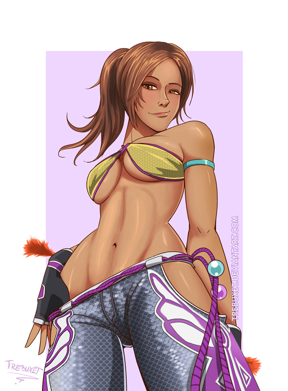 1girl brazilian breasts brown_eyes brown_hair christie_monteiro dark_skin fingerless_gloves francisco_trebuxet gloves halter_top halterneck long_hair mound_of_venus namco naughty_face navel no_panties nose pants pants_pull ponytail snakeskin_print solo tekken tekken_4 toned underboob watermark web_address