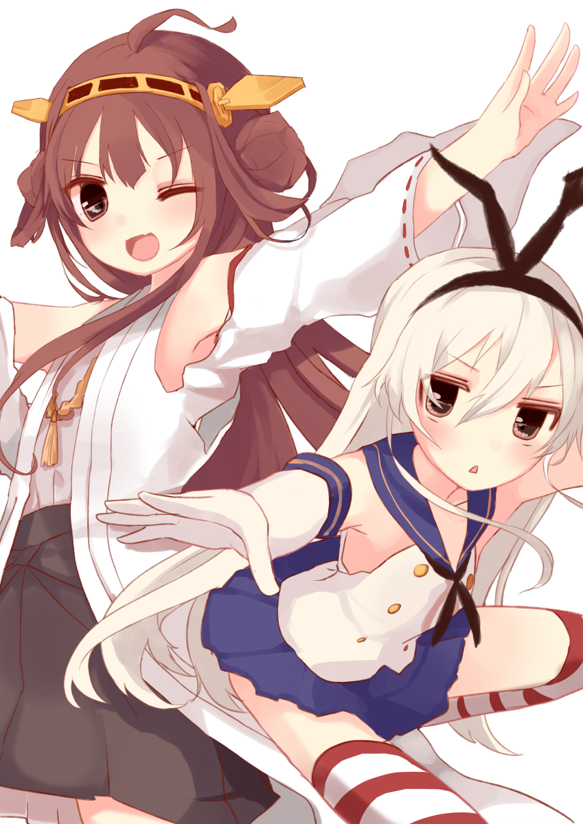 blonde_hair brown_eyes brown_hair fang gloves hairband highres kantai_collection kongou_(kantai_collection) long_hair one_eye_closed sailor_collar shimakaze_(kantai_collection) shuuno_(rcrock) smile