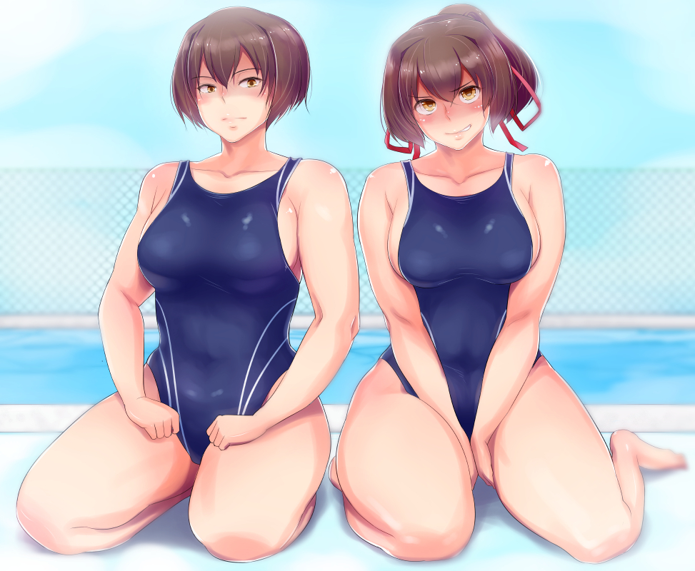 2girls bifidus blush breasts brown_eyes brown_hair competition_swimsuit hyuuga_(kantai_collection) ise_(kantai_collection) kantai_collection looking_at_viewer multiple_girls muscle one-piece_swimsuit pool short_hair swimsuit thighs toned