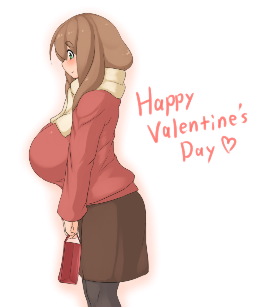 1girl bag breasts brown_hair eyebrows green_eyes happy_valentine heart huge_breasts kaz_(shade) long_hair original simple_background skirt smile solo valentine white_background