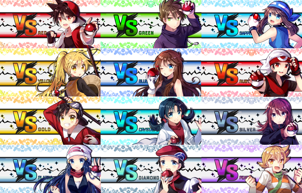 5girls 6+boys backwards_hat bandana baseball_cap beanie blue_(pokemon) character_name chocho_(homelessfox) crystal_(pokemon) cue_stick diamond_(pokemon) gold_(pokemon) hat holding holding_poke_ball multiple_boys multiple_girls odamaki_sapphire ookido_green pearl_(pokemon) platinum_berlitz poke_ball pokemon pokemon_special red_(pokemon) ruby_(pokemon) scarf silver_(pokemon) straw_hat vs yellow_(pokemon)