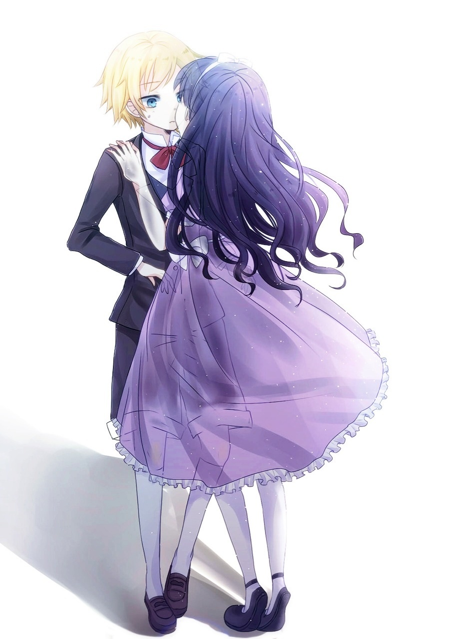 1boy 1girl black_hair blonde_hair blue_eyes bowtie chloe_ardenne chloe_no_requiem dissolving dress formal hetero highres kiss long_hair michel_d'alembert short_hair suit tiptoes white_background white_legwear