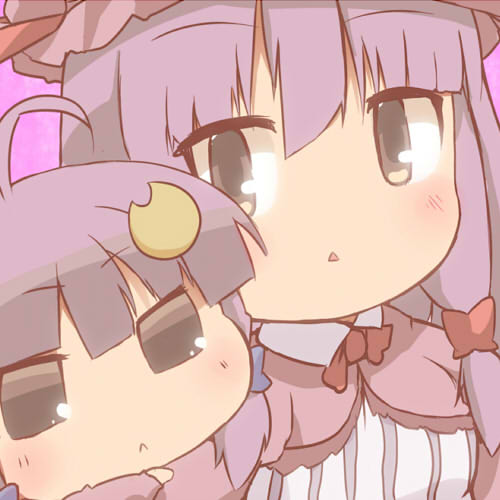 1girl :&lt; ahoge black_eyes chibi crescent_hair_ornament hair_ornament hair_ribbon hat hazuki_ruu long_hair lowres multiple_persona open_mouth parody patchouli_knowledge puchimasu! purple_hair ribbon touhou triangle_mouth