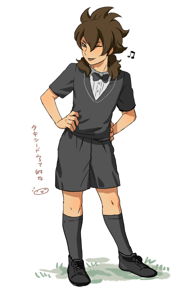 1boy beamed_quavers brown_hair contrapposto fudou_akio inazuma_eleven_(series) inazuma_eleven_go long_hair male mizuhara_aki musical_note older one_eye_closed soccer_uniform solo sportswear standing tongue tongue_out tuxedo