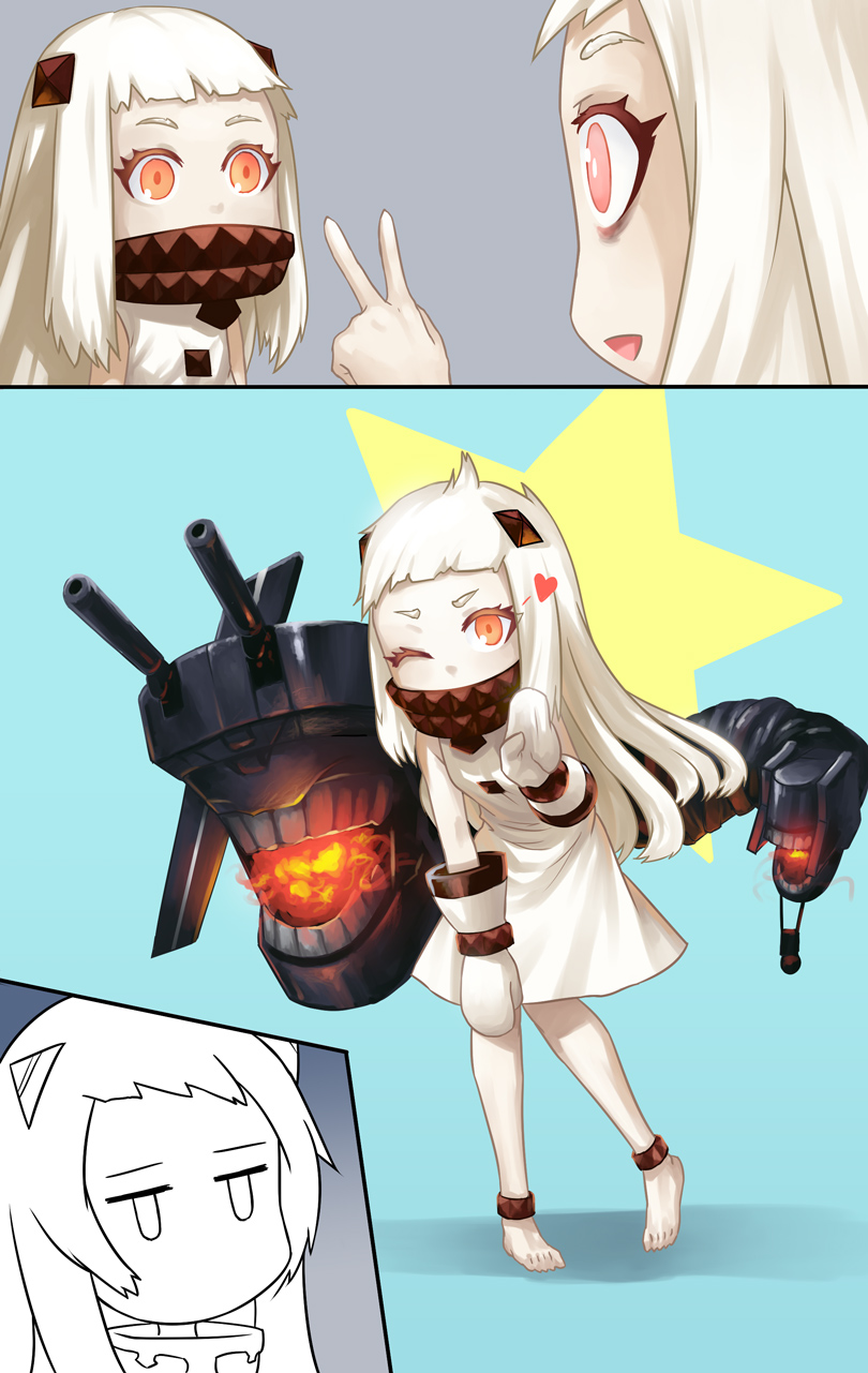 2girls airfield_hime anklet barefoot heart highres horns jewelry jiffic kantai_collection leaning_forward long_hair looking_at_viewer mittens monster multiple_girls northern_ocean_hime one_eye_closed open_mouth pale_skin red_eyes shinkaisei-kan turret v white_hair you're_doing_it_wrong