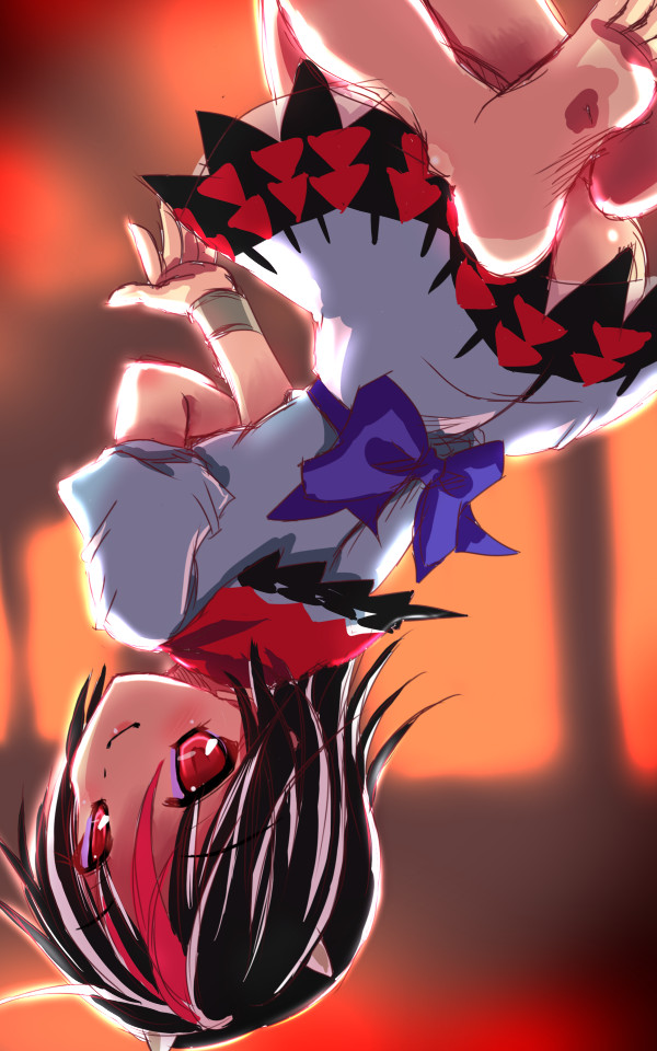 1girl barefoot from_behind horns kijin_seija red_eyes sketch solo touhou upside-down yamu_(reverse_noise)