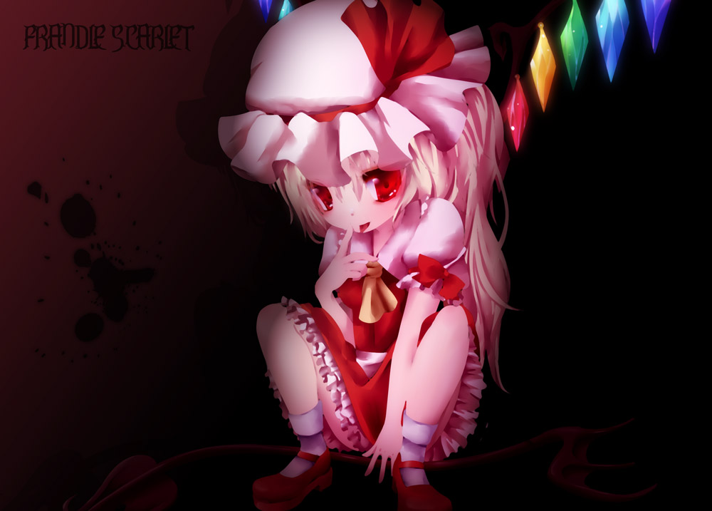 1girl akira_b blonde_hair bow dark finger_to_mouth flandre_scarlet hat hat_bow laevatein red_eyes side_ponytail solo squatting tongue tongue_out touhou wings