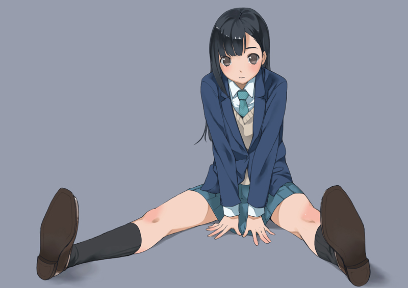 1girl apon black_eyes black_hair black_legwear long_hair looking_at_viewer necktie original pleated_skirt school_uniform shoes simple_background sitting skirt solo