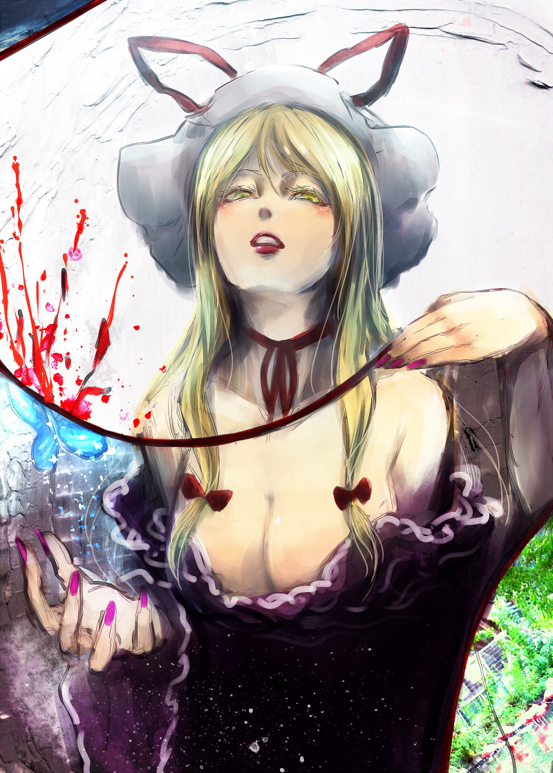 1girl bare_shoulders bird blonde_hair blood breasts butterfly calpish choker cleavage clenched_teeth concrete dress fingernails flamingo hair_over_breasts hair_over_shoulder large_breasts lips looking_at_viewer mob_cap nail_polish neck nose photorealistic power_lines purple_dress purple_nails ribbon_choker sketch solo storm_cloud tagme touhou tree water yakumo_yukari yellow_eyes