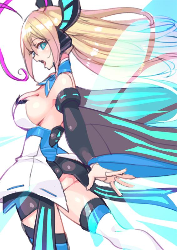 1girl azure_striker_gunvolt bare_shoulders blonde_hair breasts butterfly_hair_ornament butterfly_wings cleavage detached_sleeves hair_ornament long_hair lumen_(gunvolt) multicolored_hair open_mouth purple_hair shishigomi solo thigh-highs two-tone_hair wide_sleeves wings