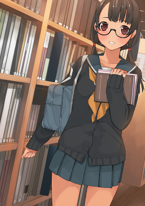 1girl :d apon bag black_hair book bookshelf brown_eyes glasses holding holding_book library looking_at_viewer low_twintails open_mouth original pleated_skirt school_bag school_uniform serafuku skirt smile solo twintails