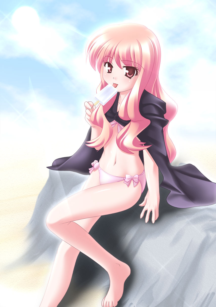 1girl arm_support bikini cape highres licking long_hair louise_francoise_le_blanc_de_la_valliere pink_eyes pink_hair popsicle solo swimsuit takacchi tongue zero_no_tsukaima