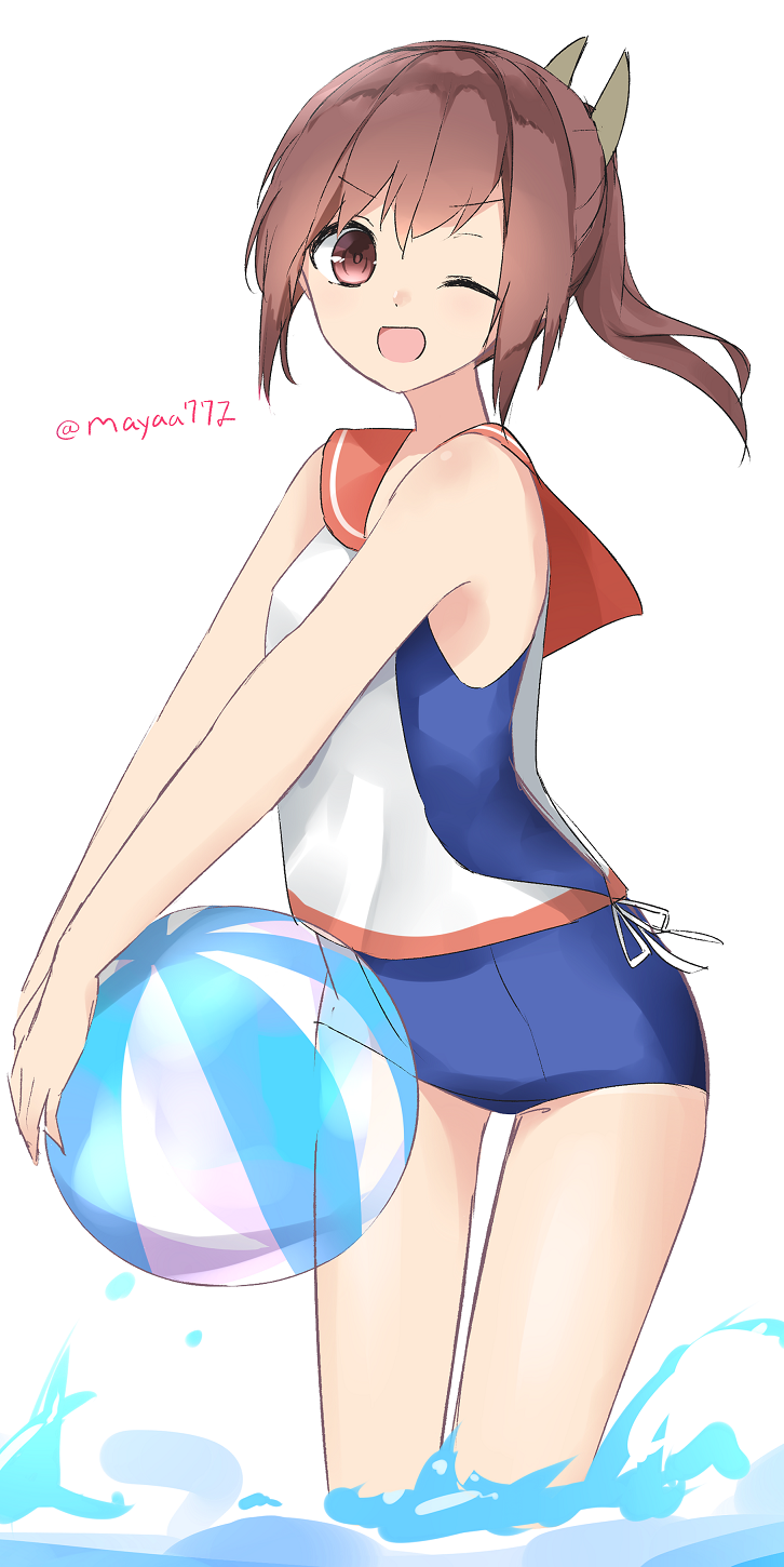 1girl ;d aa_(sin2324) ball bare_arms bare_shoulders beachball blue_swimsuit brown_eyes brown_hair brown_sailor_collar headgear highres i-401_(kantai_collection) kantai_collection long_hair looking_at_viewer one-piece_swimsuit one_eye_closed open_mouth ponytail sailor_collar shirt sidelocks simple_background sleeveless sleeveless_shirt smile solo standing swimsuit swimsuit_under_clothes transparent twitter_username water white_background white_shirt