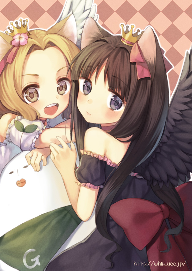 2girls :d animal_ears argyle argyle_background bare_shoulders black_eyes black_hair black_wings blonde_hair blush bow brown_eyes cat_ears crown feathered_wings hair_bow hair_ornament hair_ribbon long_hair looking_at_viewer midorikawa_you mini_crown multiple_girls open_mouth original outline revision ribbon smile watermark web_address white_wings wings
