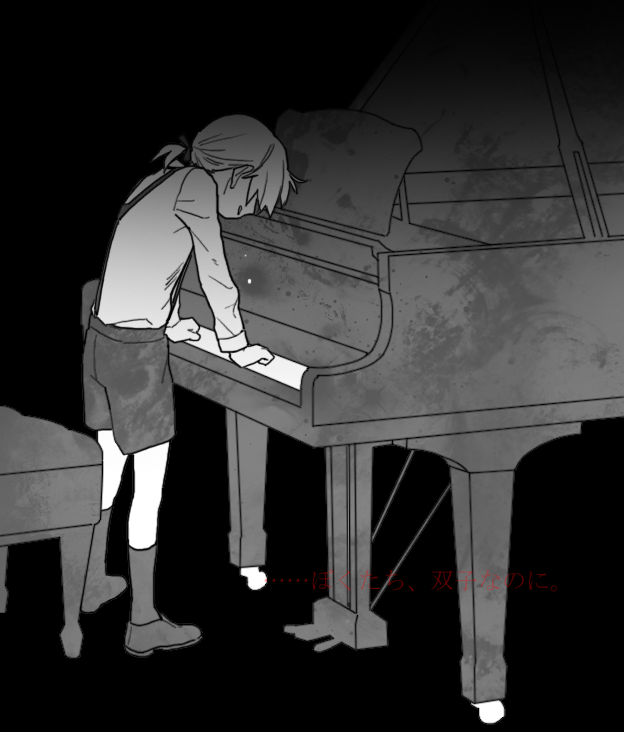 1boy bow bowtie chair chloe_no_requiem clenched_teeth crying hair_over_eyes instrument kangmoro monochrome piano pierre_d'alembert ponytail shorts spoilers suspenders tears translation_request