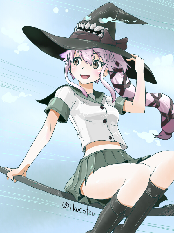 1girl :d broom brown_eyes hair_ornament hair_ribbon hat ikusotsu kantai_collection long_hair open_mouth pleated_skirt purple_hair ribbon riding side_ponytail skirt smile solo wind witch_hat yura_(kantai_collection)