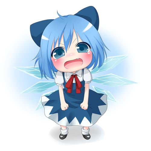 1girl akira_b angry blue_eyes blue_hair blush bow cirno deformed fang full_body hair_bow lowres solo touhou