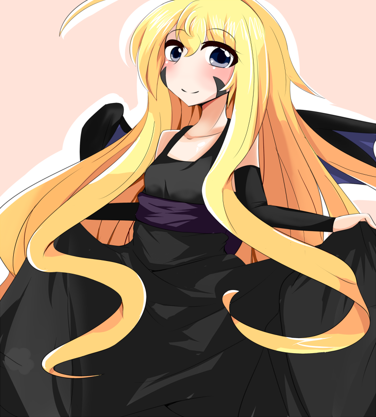 1girl ahoge bat_wings black_dress black_eyes blonde_hair dress dress_lift facial_mark karatakewari long_hair looking_at_viewer rokujouma_no_shinryakusha!? smile solo theiamillis_gre_fortorthe wings