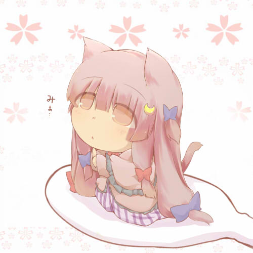 1girl animal_ears brown_eyes cat_ears cat_tail chibi crescent crescent_hair_ornament dress hair_ornament hair_ribbon hazuki_ruu kemonomimi_mode long_hair lowres minigirl patchouli_knowledge purple_hair ribbon solo spoon striped striped_dress tail touhou tress_ribbon very_long_hair