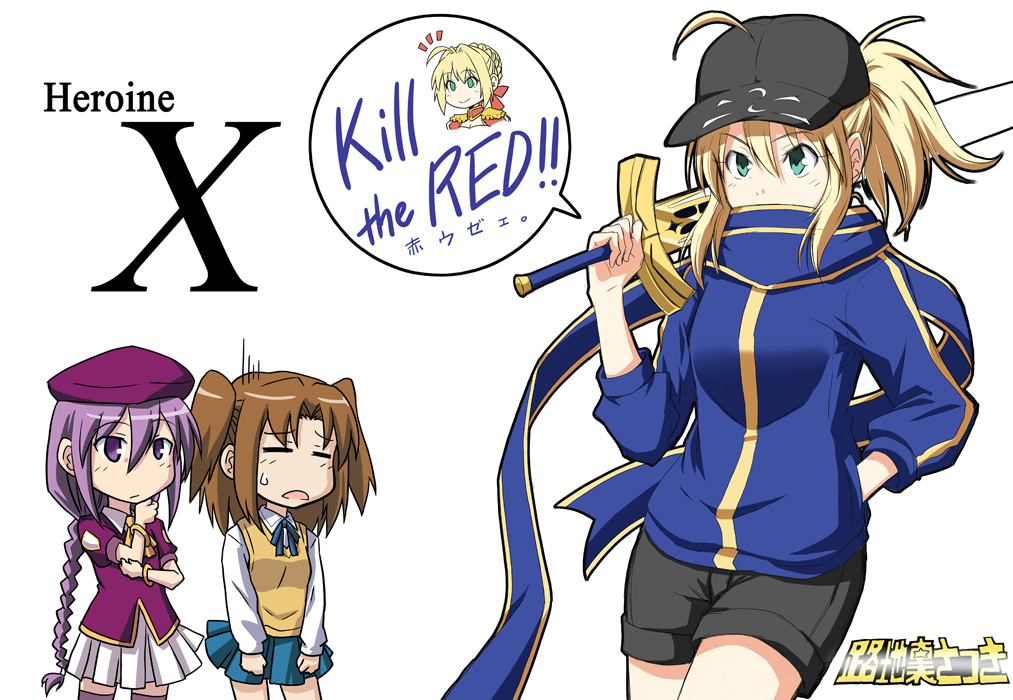 baseball_cap blonde_hair braid excalibur green_eyes hat heroine_x long_hair melty_blood ponytail purple_hair rimibure rojiura_satsuki_:_chapter_heroine_sanctuary saber scarf school_uniform sion_eltnam_atlasia sword thigh-highs track_jacket tsukihime two_side_up type-moon violet_eyes weapon yumizuka_satsuki