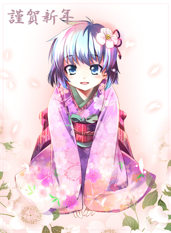 1girl :d blue_eyes blue_hair bowing cherry_blossoms hair_ornament japanese_clothes kimono looking_at_viewer open_mouth original petals sho_(runatic_moon) short_hair sitting smile solo translation_request
