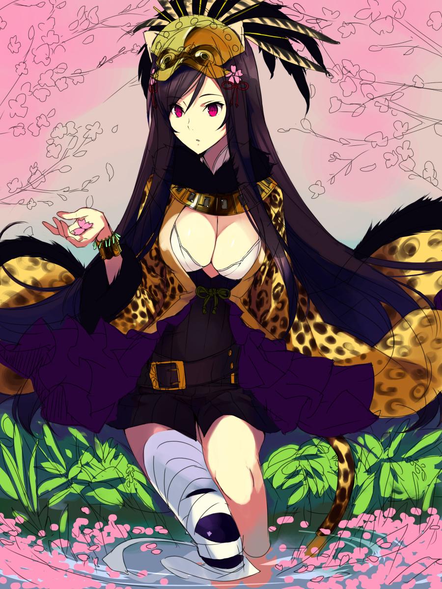 bandages breasts cleavage flower hair_flower hair_ornament highres kagetomo_midori leopard_print partially_submerged petals purple_hair red_eyes