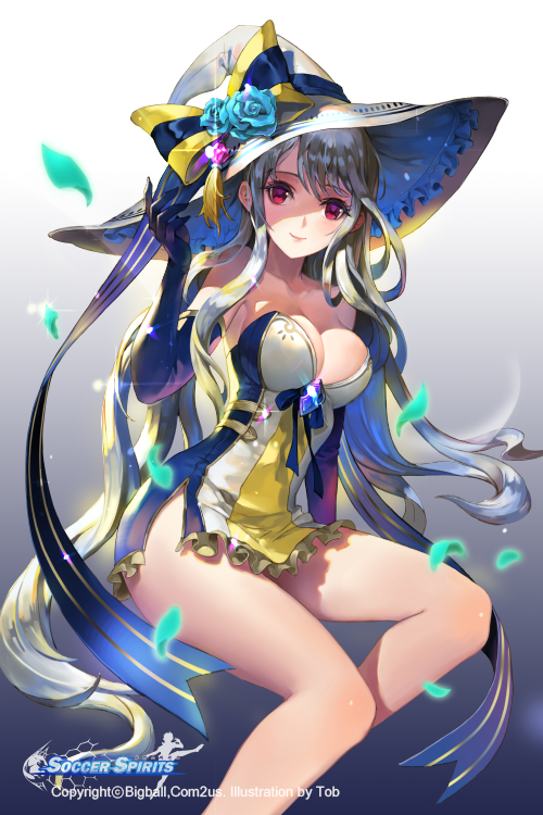 bare_shoulders bonnet breasts cleavage collarbone copyright_name dress elbow_gloves flower gloves hand_on_headwear hat hat_flower large_breasts legs long_hair official_art red_eyes ribbon rose silver_hair sitting smile soccer_spirits tob very_long_hair