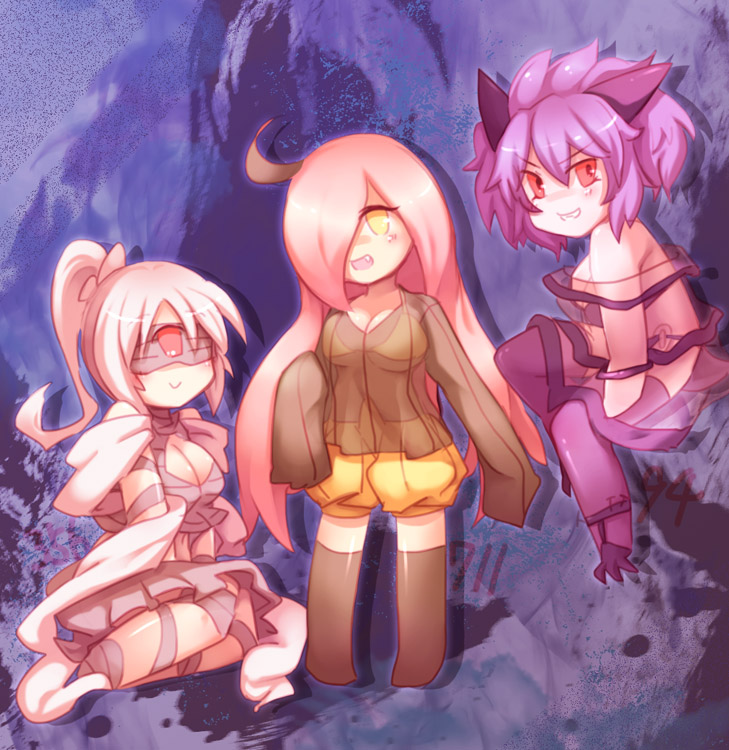 3girls blindfold bow dd_tatsuki dusclops gengar gourgeist hair_bow hair_ornament multiple_girls personification pink_hair pokemon purple_hair red_eyes see-through thigh-highs yellow_eyes