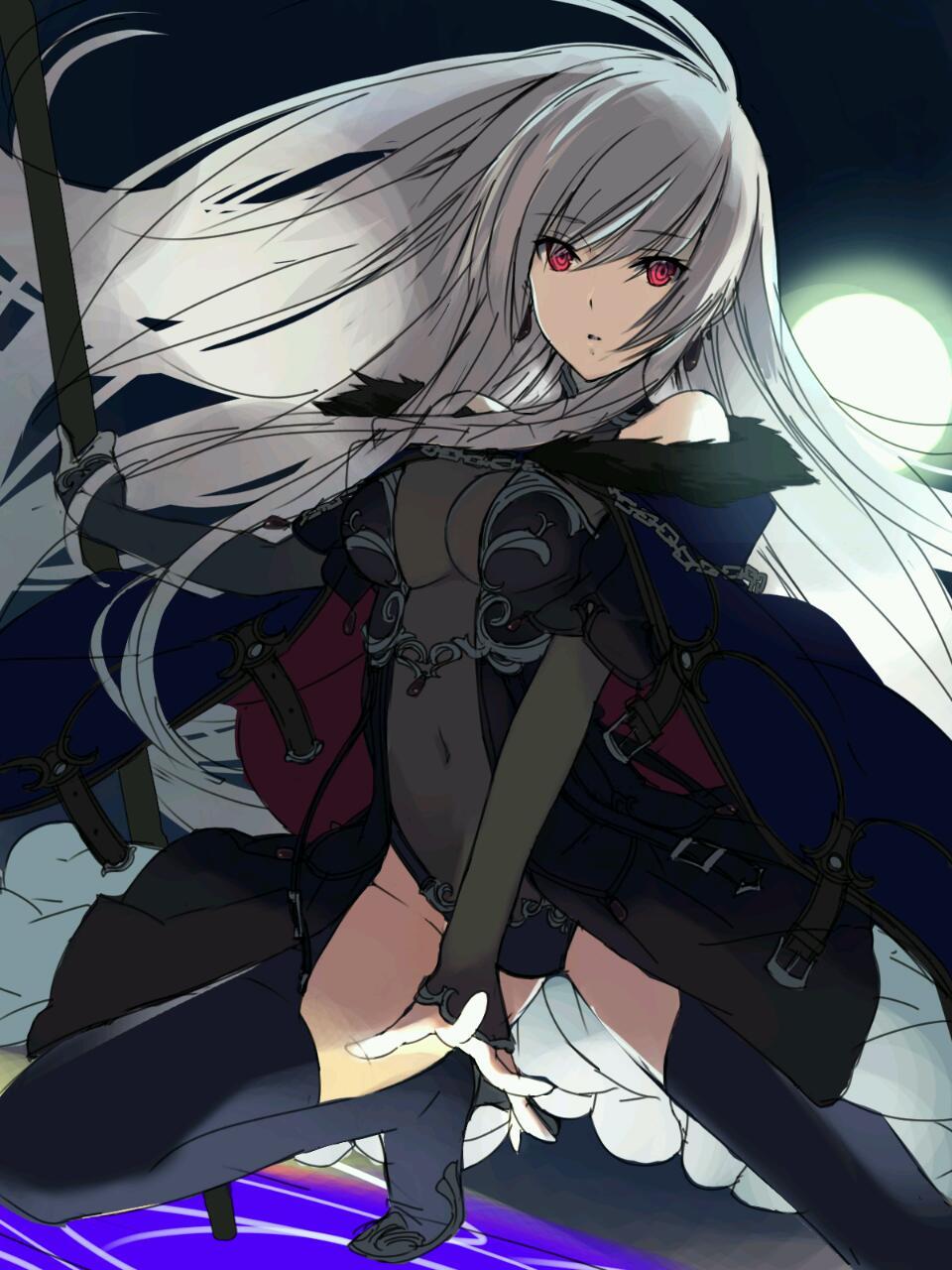 bare_shoulders boots cape covered_navel full_moon grey_hair highres kagetomo_midori moon night night_sky red_eyes sky thigh-highs thigh_boots