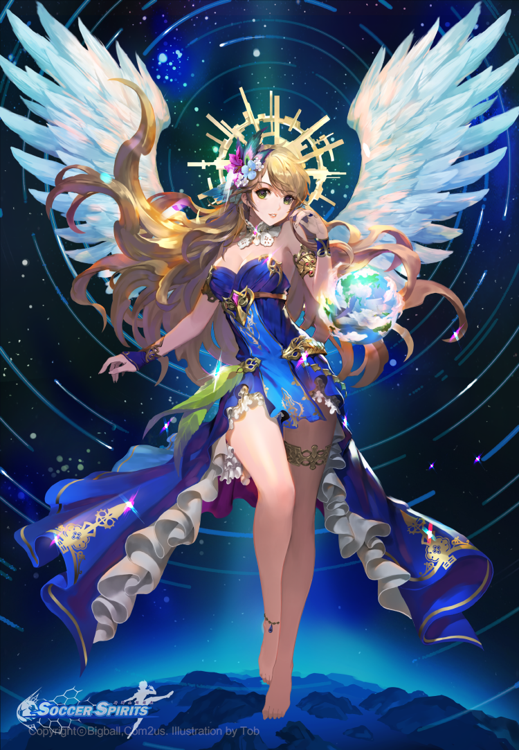 angel anklet bare_shoulders barefoot blonde_hair blue_dress copyright_name dress feathered_wings fingerless_gloves gloves green_eyes halo jewelry long_hair looking_at_viewer night night_sky official_art parted_lips sky soccer_spirits star_(sky) star_trails tob very_long_hair white_wings wings wristband