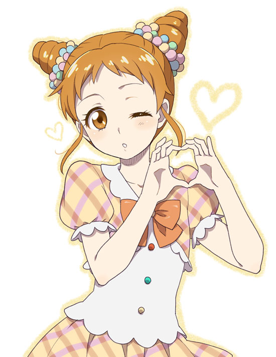 1girl aikatsu! arisugawa_otome blush brown_eyes brown_hair double_bun dress heart mattaku_mousuke parted_lips ribbon short_hair simple_background solo wink