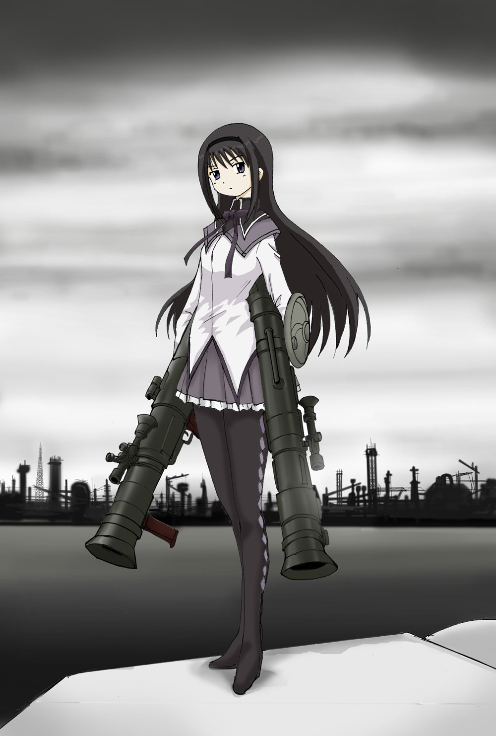 1girl akemi_homura akiran_(r32) argyle argyle_legwear bazooka black_hair capelet dual_wielding hairband highres long_hair magical_girl mahou_shoujo_madoka_magica shield skirt small_breasts solo violet_eyes weapon