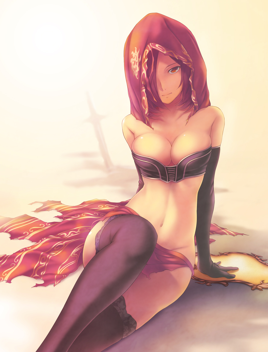 1girl arm_support bare_shoulders black_gloves black_legwear breast_squeeze breasts cleavage cosplay dark_souls_2 desert_sorceress desert_sorceress_(cosplay) elbow_gloves emerald_herald gloves hair_over_one_eye hoodie leg_up looking_at_viewer midriff mound_of_venus nanakusa navel red_eyes redhead sitting solo souls_(from_software) thigh-highs tubetop