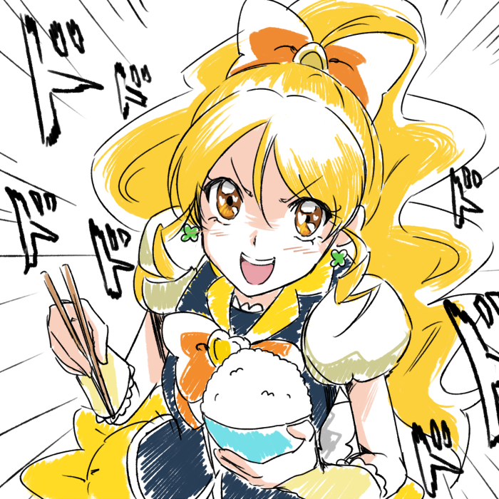 1girl blonde_hair blush bowl chopsticks cure_honey determined earrings eyelashes gacchahero happinesscharge_precure! jewelry long_hair looking_at_viewer magical_girl oomori_yuuko open_mouth precure puffy_sleeves rice rice_bowl shirt simple_background sketch skirt solo vest white_background wrist_cuffs yellow_eyes yellow_skirt