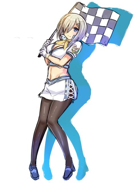 blue_eyes breasts flag full_body gloves hamakaze_(kantai_collection) horosuke_(toot08) kantai_collection large_breasts navel pantyhose racequeen short_hair simple_background skirt white_hair