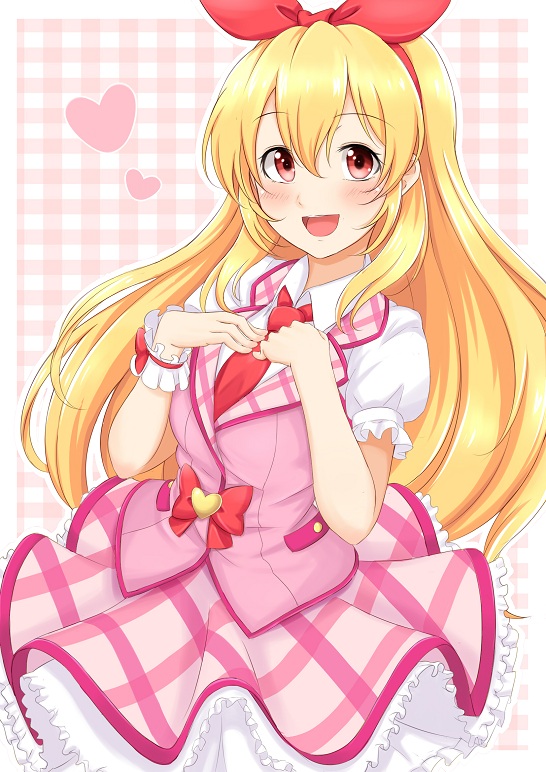 aikatsu! blonde_hair dress happy heart hoshimiya_ichigo long_hair open_mouth red_eyes ribbon