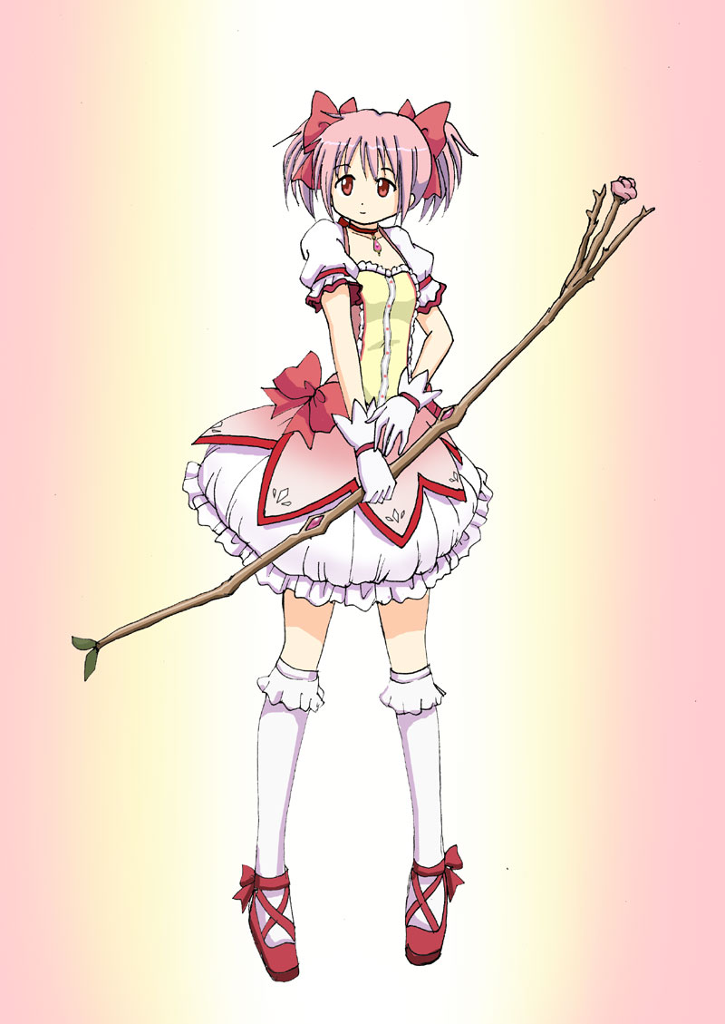 1girl akiran_(r32) bow_(weapon) bubble_skirt choker gloves jewelry kaname_madoka kneehighs magical_girl mahou_shoujo_madoka_magica pendant pink_eyes pink_hair puffy_short_sleeves puffy_sleeves short_sleeves short_twintails solo soul_gem twintails weapon white_gloves white_legwear