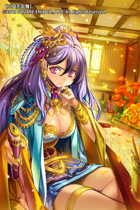 &gt;:| 1girl breasts cleavage hair_ornament hand_on_own_chin holding long_hair official_art original pop_kyun purple_hair reading sangokushi_ranbu scroll sitting solo violet_eyes
