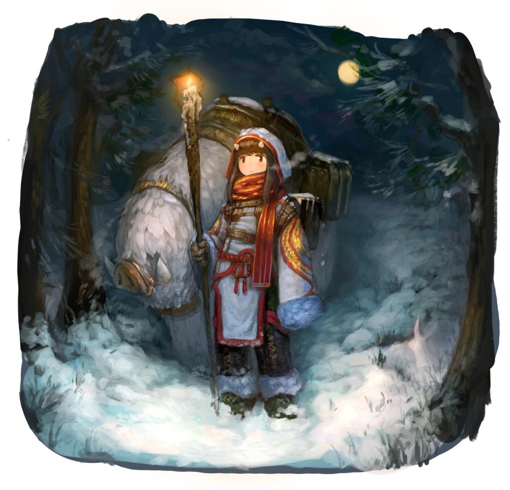 1girl ankle_boots black_gloves blush boar boots brown_eyes brown_hair copyright_request fire fog full_moon fur_trim gloves green_boots holding hood horns kylin long_hair moon night night_sky original outdoors payot pig pine_tree red_scarf scarf sky sleeves_past_wrists snow solo staff torch tree winter winter_clothes