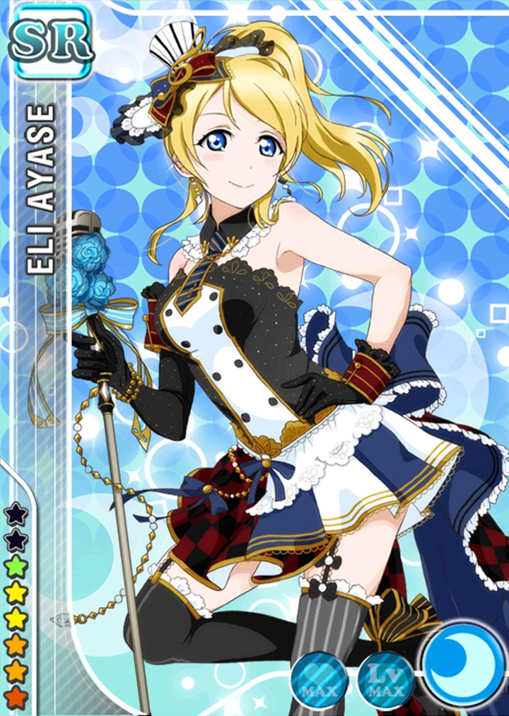 1girl ayase_eli black_gloves blonde_hair blue_background blue_eyes blush character_name dress earrings flower gloves hat jewelry long_hair love_live!_school_idol_project microphone mismatched_legwear musical_note necktie official_art ponytail ribbon smile solo thighhighs wrist_cuffs